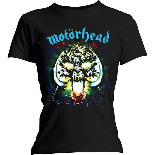 Black t-shirt with Motorhead’s “Overkill” album art of a snarling face.