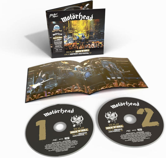 "Motorhead CD case and discs showing band performing live on stage."