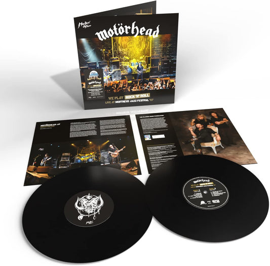 "Two black vinyl records with a Motorhead album cover and inserts on a white background."