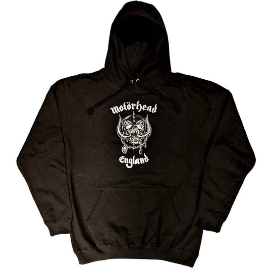Black hoodie with white Motorhead logo and "England" text.
