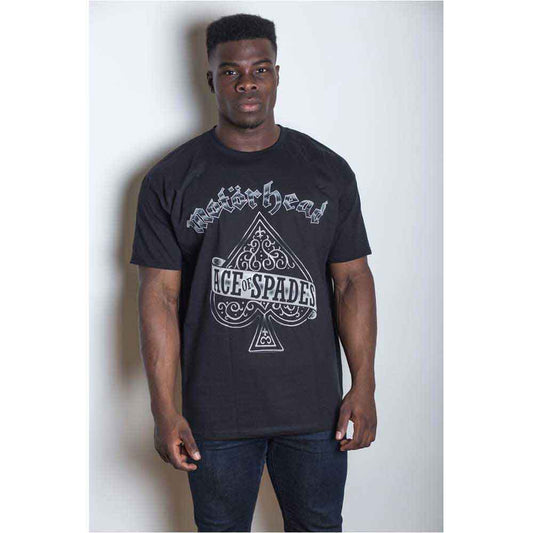 A person wearing a black short-sleeved t-shirt with a white Motörhead Ace of Spades graphic.