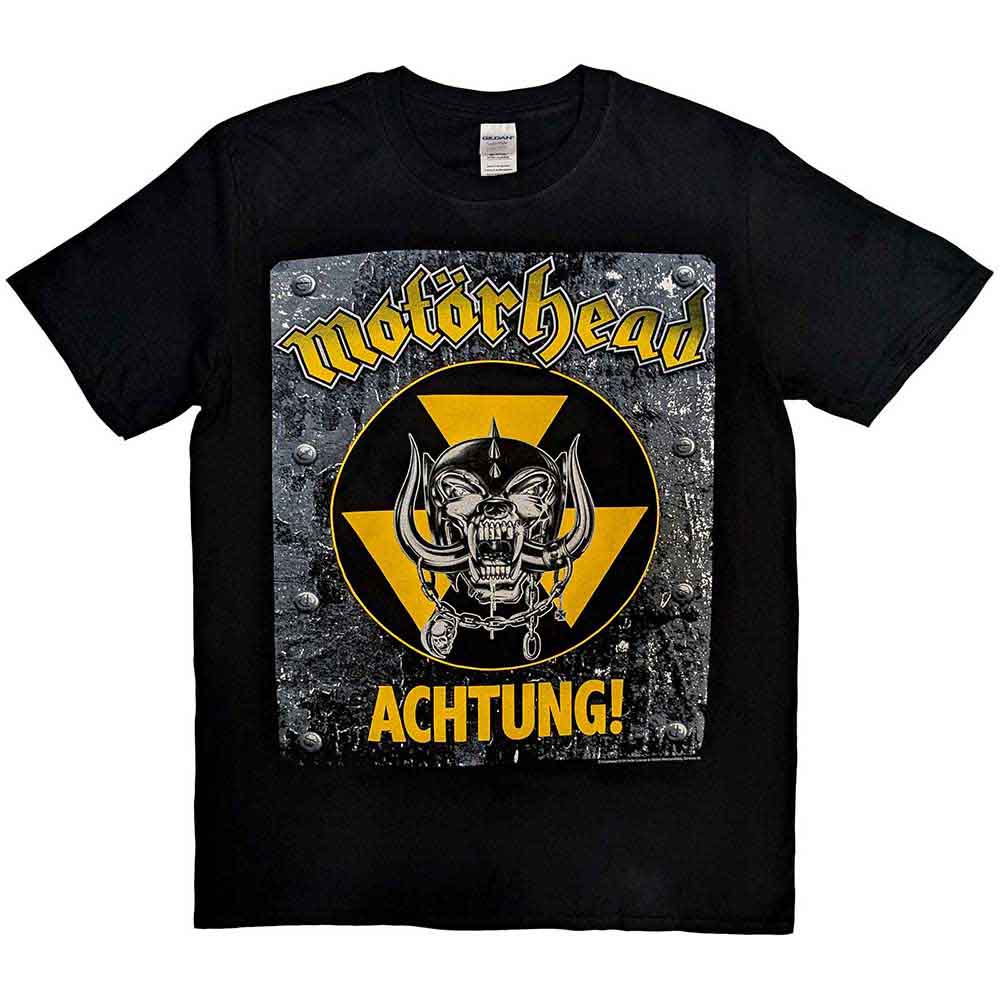 Black Motorhead t-shirt with yellow and black skull and "Achtung!" text.