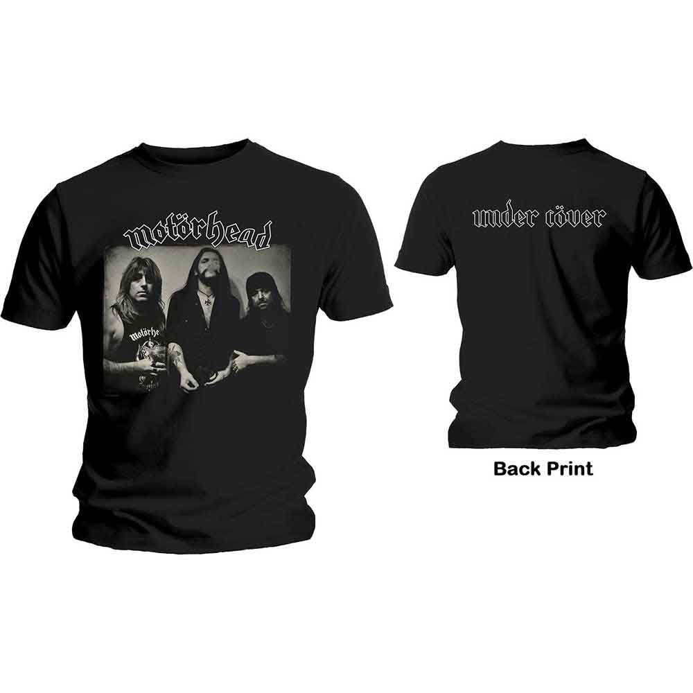 Black t-shirt with a grayscale image of the band Motorhead.