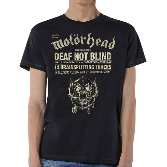 Black t-shirt with white Motorhead “Deaf Not Blind” graphic and skull image.