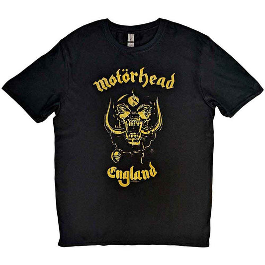 Black t-shirt with gold Motorhead band logo worn by a man.