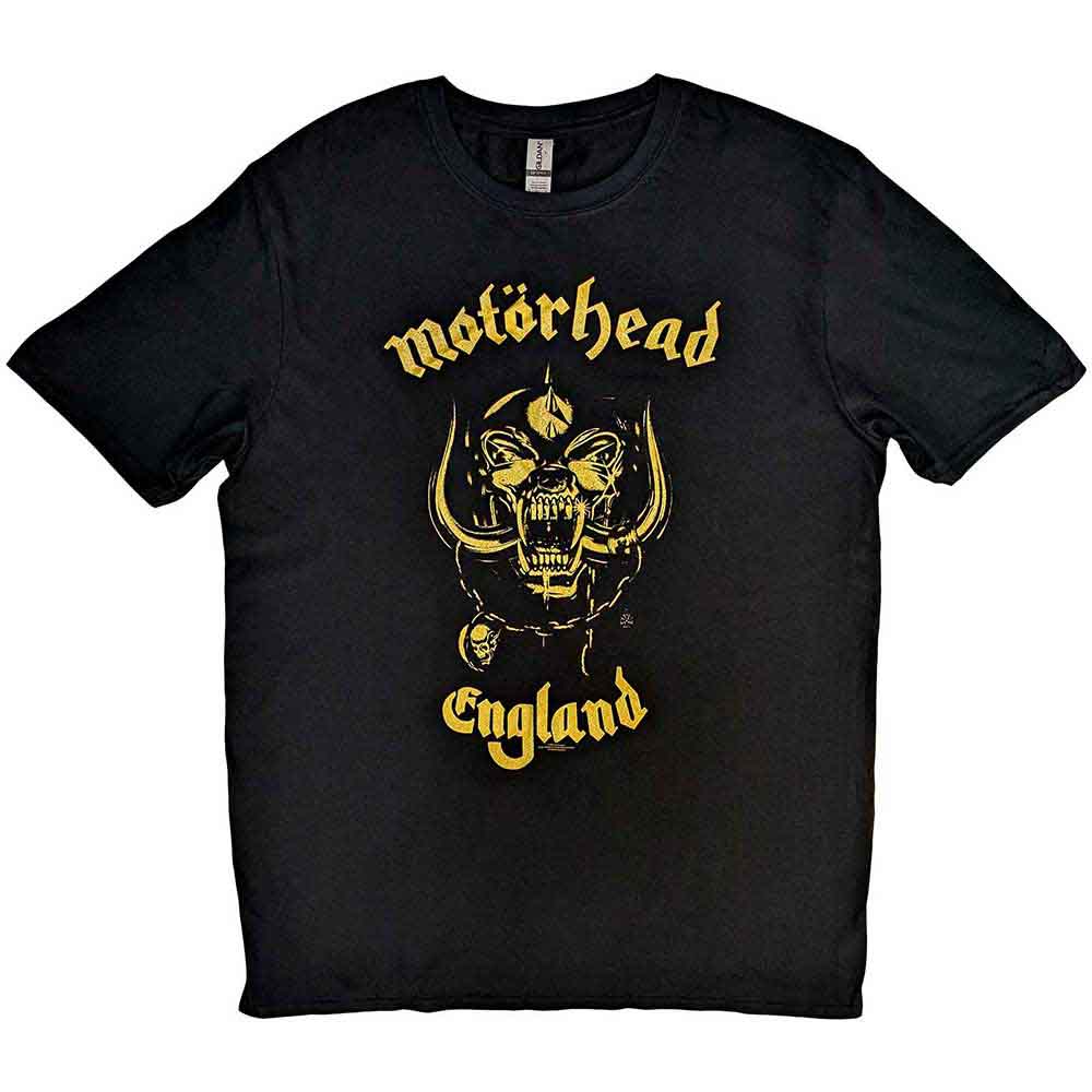 Black t-shirt with gold Motorhead band logo worn by a man.