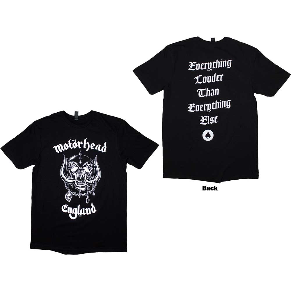 Black Motorhead t-shirt with white skull graphic and "England" text.