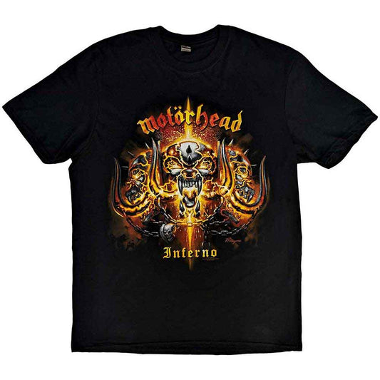 A man wearing a black Motorhead Inferno t-shirt with a flaming skull graphic.