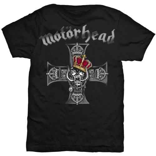 Black t-shirt with Motorhead logo: skull, crown, and cross design.