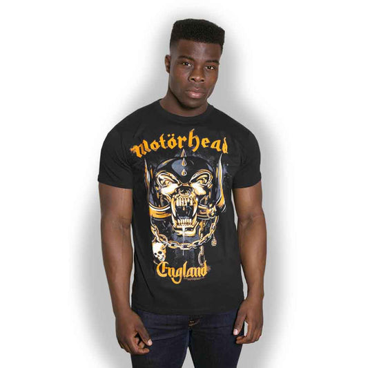 Black t-shirt with gold Motorhead logo of a snarling boar’s head.