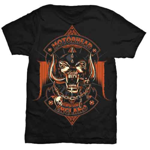 Black t-shirt with orange and red Motorhead graphic of a snarling face.