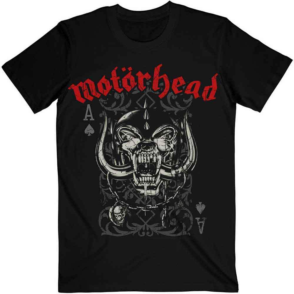 Black t-shirt with Motorhead’s Ace of Spades skull graphic.