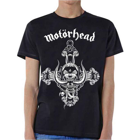 Black Motorhead t-shirt with white skull and rosary graphic.