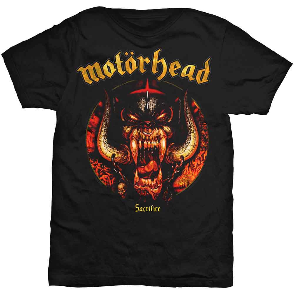 Black Motorhead t-shirt with a demonic face and “Sacrifice” text.