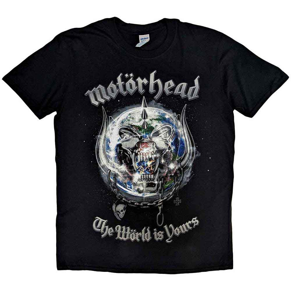 Black t-shirt with Motorhead’s “The World is Yours” album art.