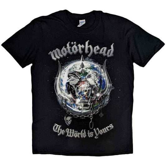 Black t-shirt with Motorhead’s “The World is Yours” album art.