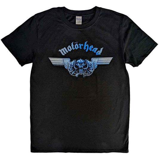 Black Motorhead t-shirt with winged skull graphic, modeled on a man.