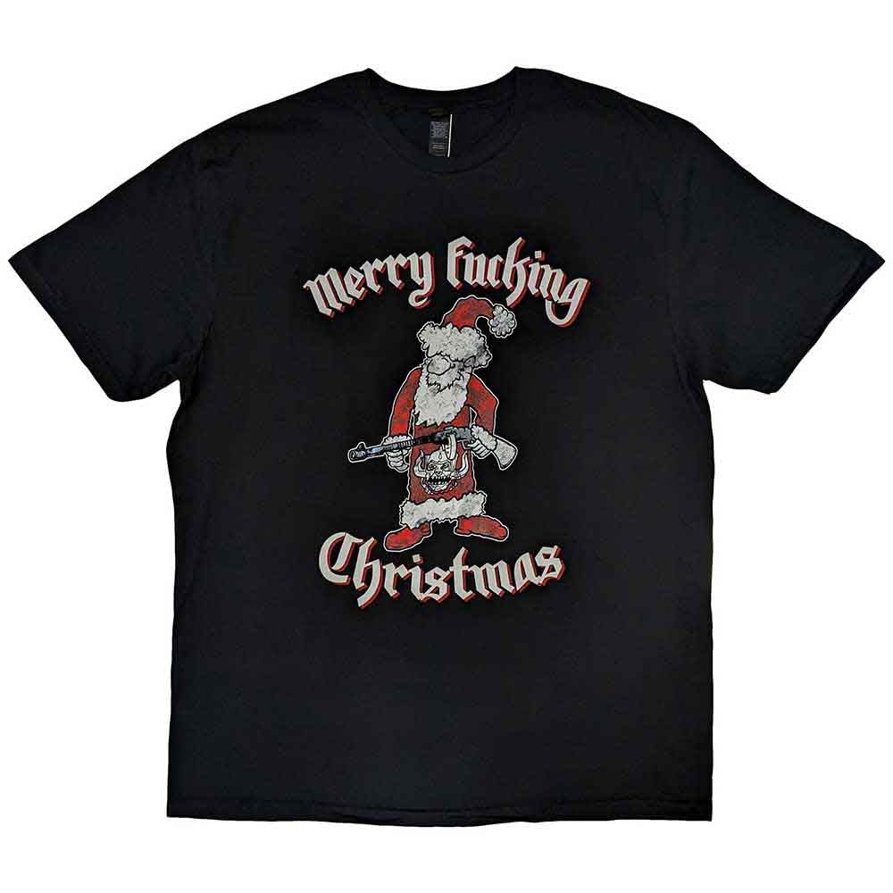 A man wearing a black Motorhead t-shirt featuring Santa Claus holding a rifle.