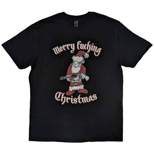 A man wearing a black Motorhead t-shirt featuring Santa Claus holding a rifle.