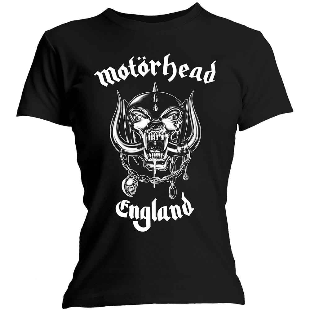 Black T-shirt featuring the white Motörhead Snaggletooth logo and the word England.