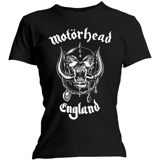 Black T-shirt featuring the white Motörhead Snaggletooth logo and the word England.
