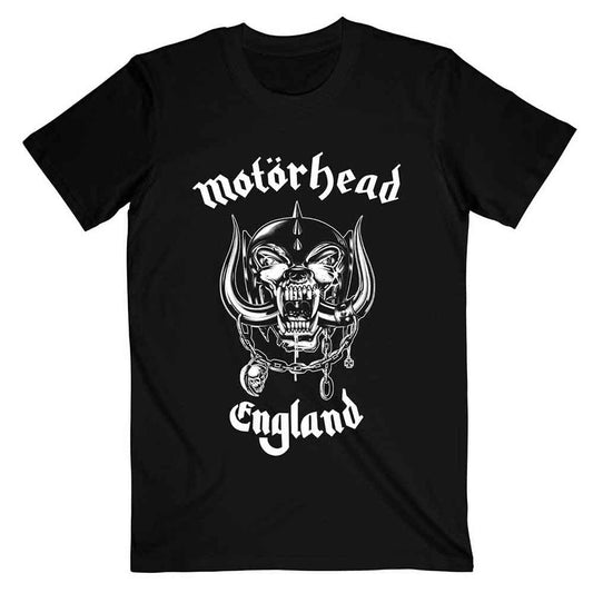 Black t-shirt with white Motorhead logo of a snarling warrior face.