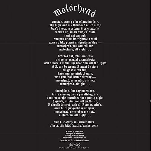 Black vinyl record cover with white text: Motorhead album lyrics and tracklist.