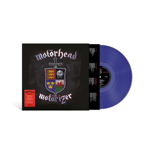 Motorhead “Motorizer” blue vinyl LP record with heraldic cover art.
