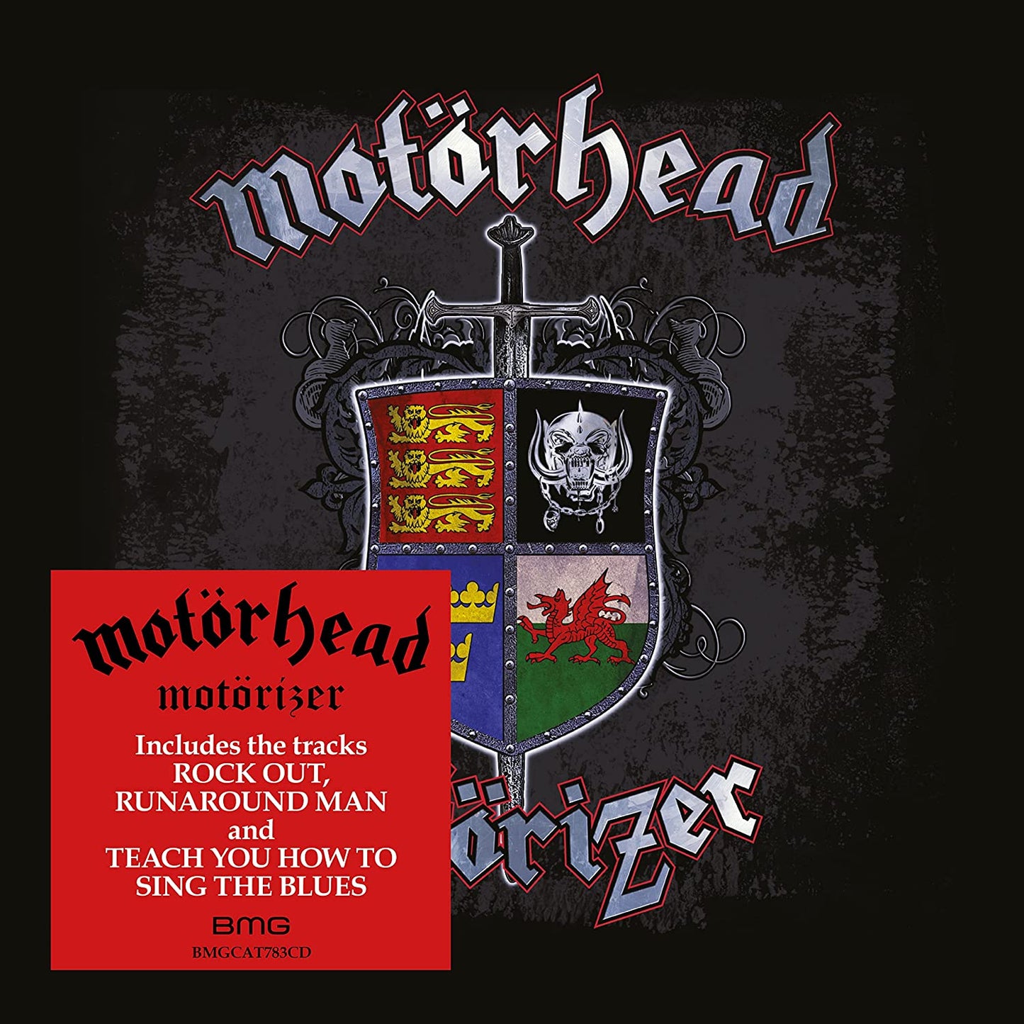"CD cover with shield and flags, Motorhead Motorizer title in silver and black text on red square."