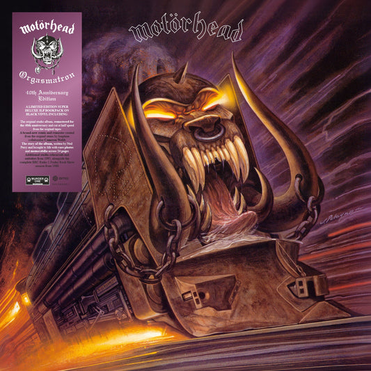Motorhead “Orgasmatron” 40th Anniversary CD cover: robotic face and train.
