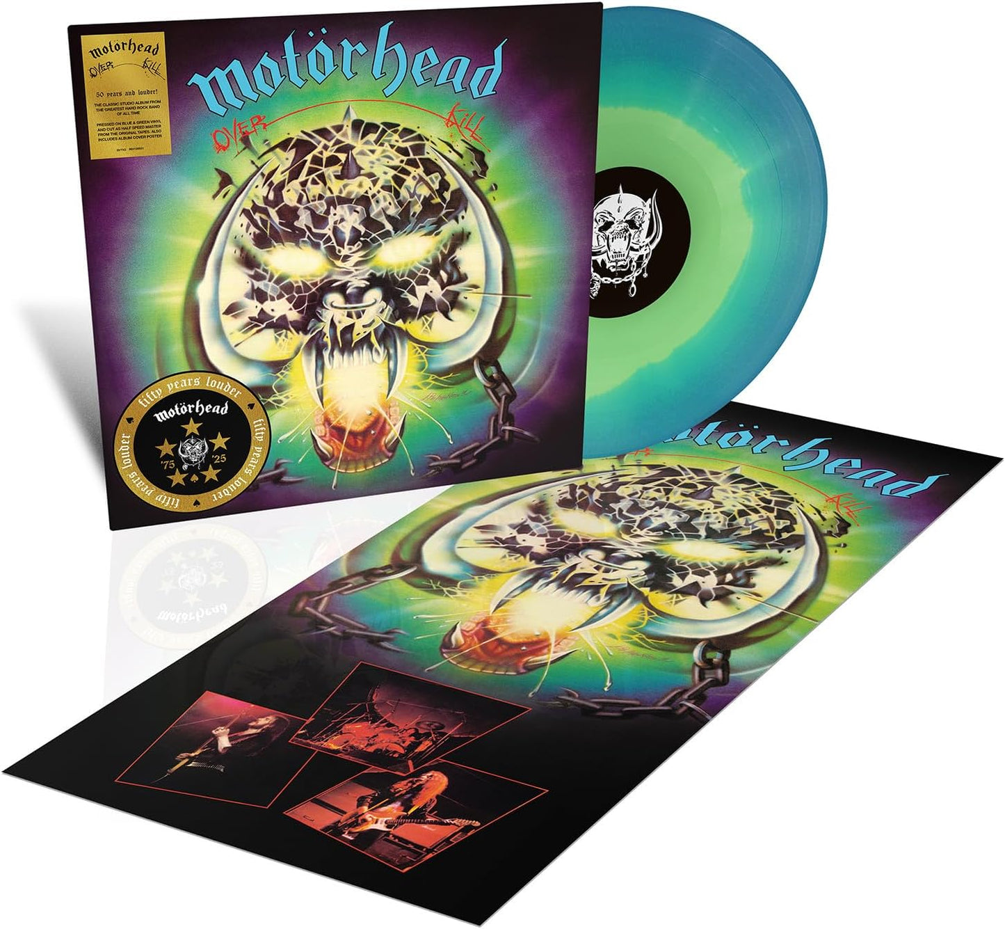 Motorhead “Overkill” vinyl record, featuring a skull graphic on a colorful sleeve.