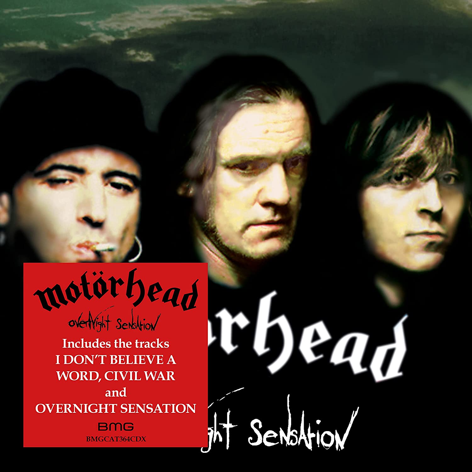 "CD cover with three men and 'Motörhead Overnight Sensation' text on a red and black background."