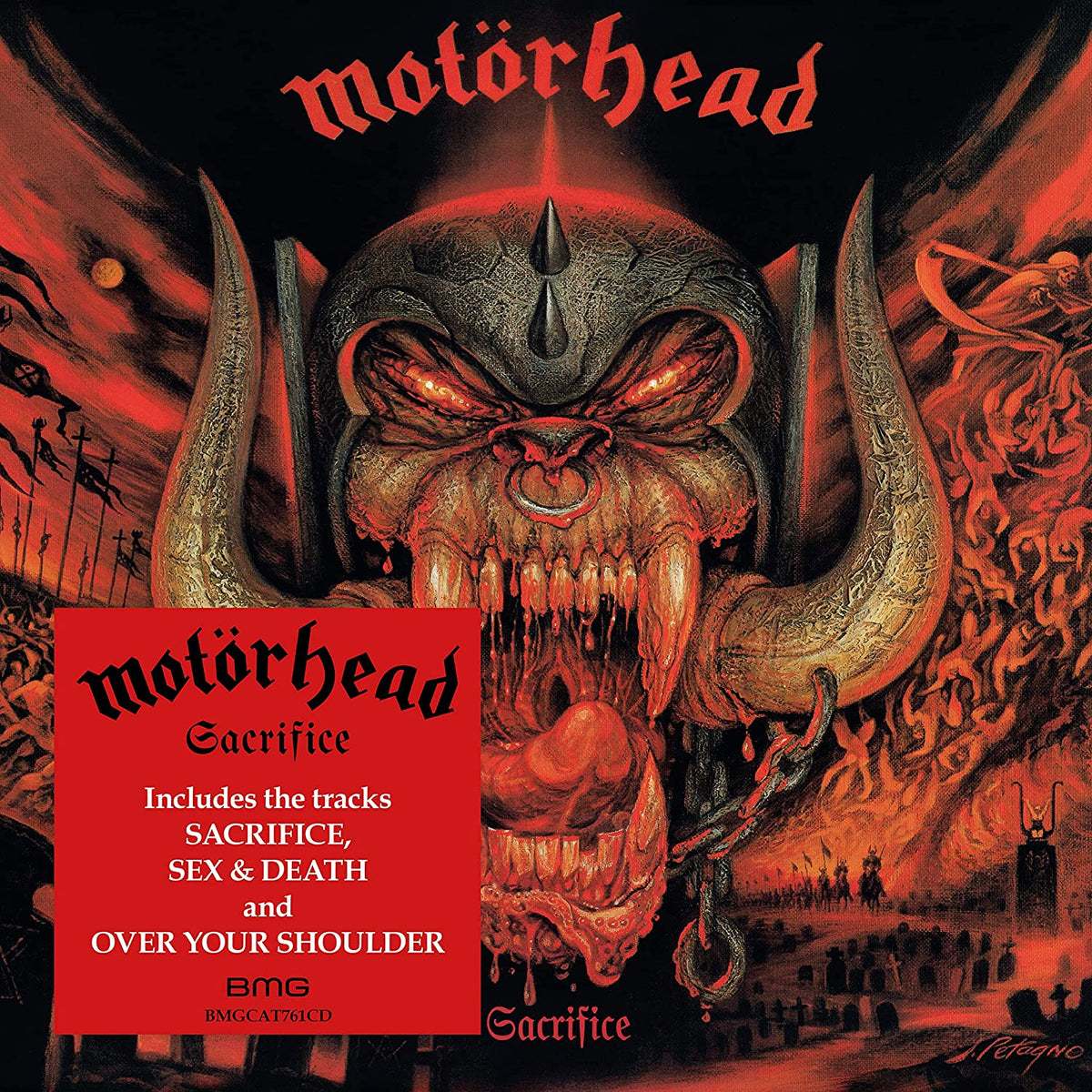 "Motörhead album cover with a red and black hellish scene and a horned head."
