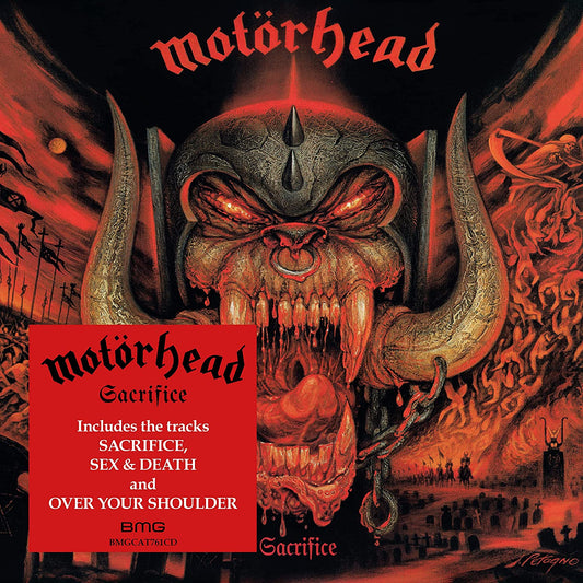 "Motörhead album cover with a red and black hellish scene and a horned head."