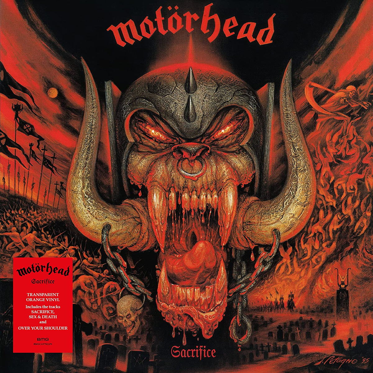 "Motörhead album cover with a grotesque, horned creature and a battle scene."