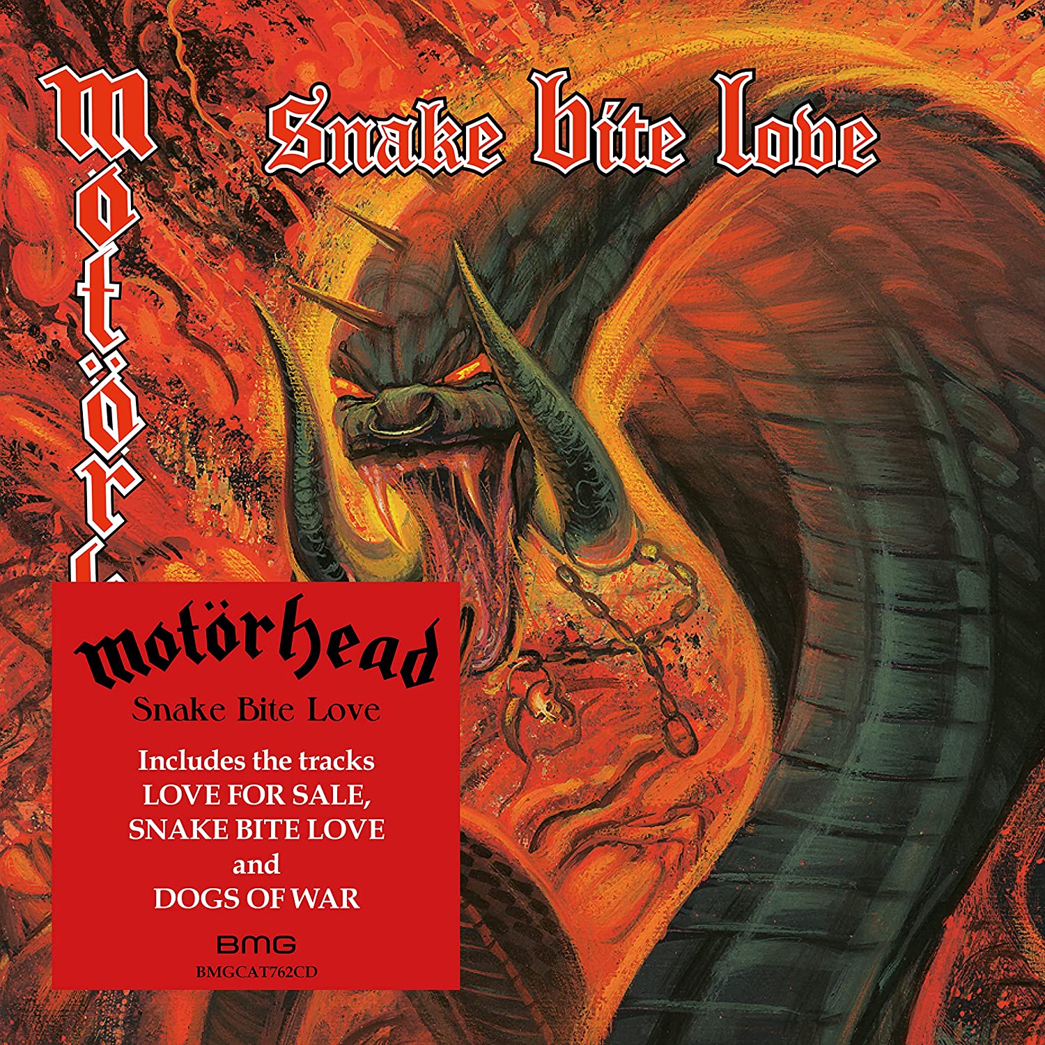 "Album cover art for Motorhead's 'Snake Bite Love' featuring a snake with pierced horns."