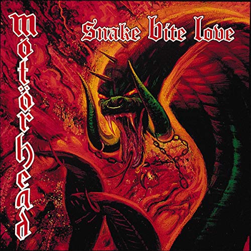 "Motörhead album cover featuring a green snake-like creature on a red background."