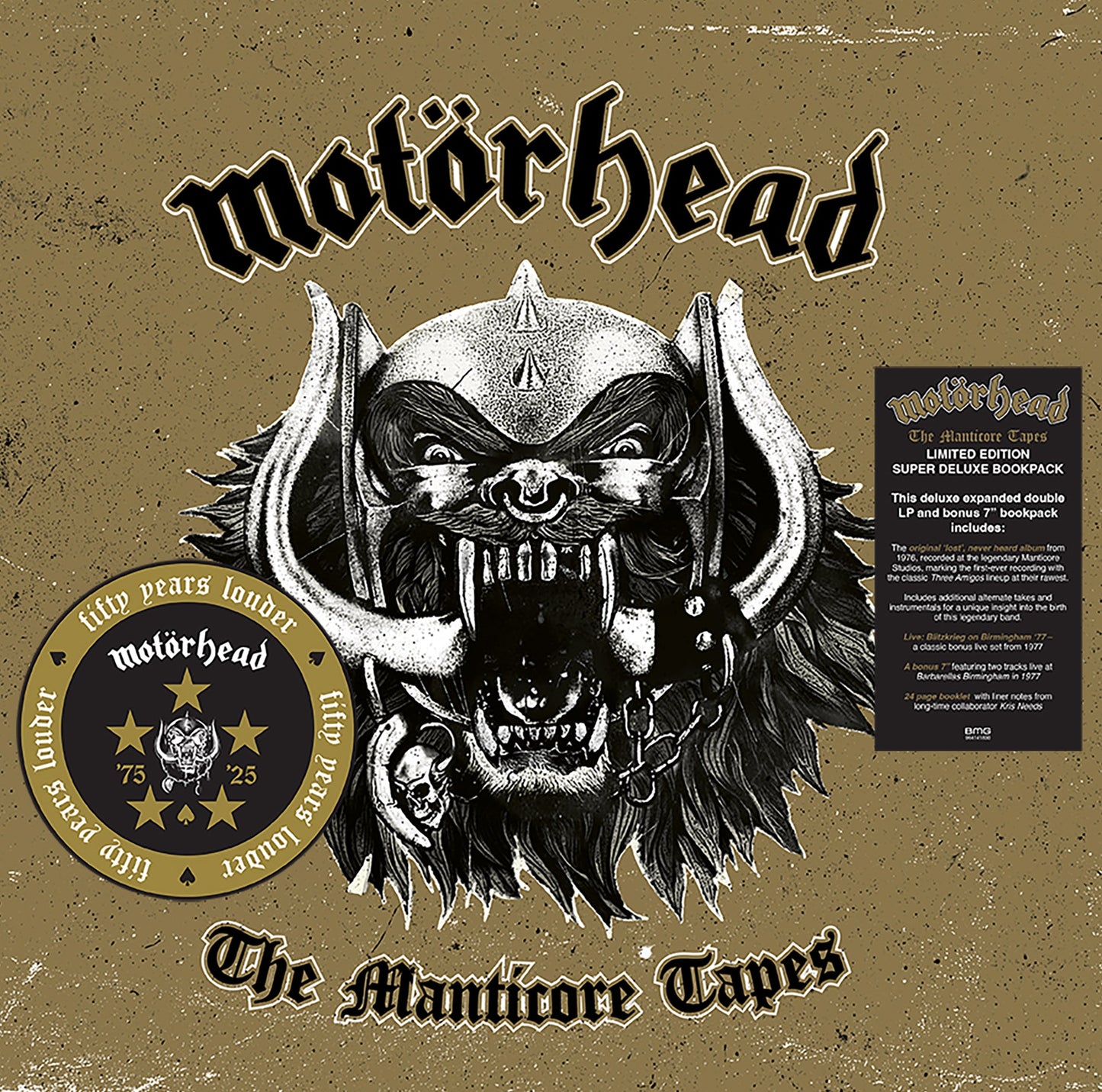 Motorhead "The Manticore Tapes" deluxe vinyl bookpack with snarling war pig illustration.