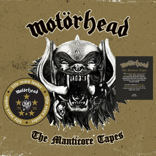 Motörhead The Manticore Tapes vinyl cover featuring a snarling beast illustration on tan background.