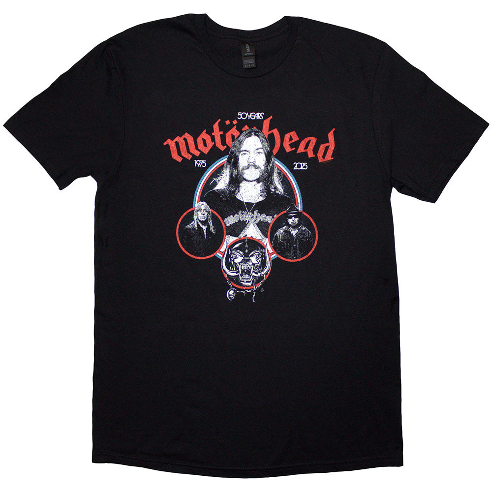 Black unisex t-shirt featuring a circular Motörhead 50th anniversary band logo graphic.
