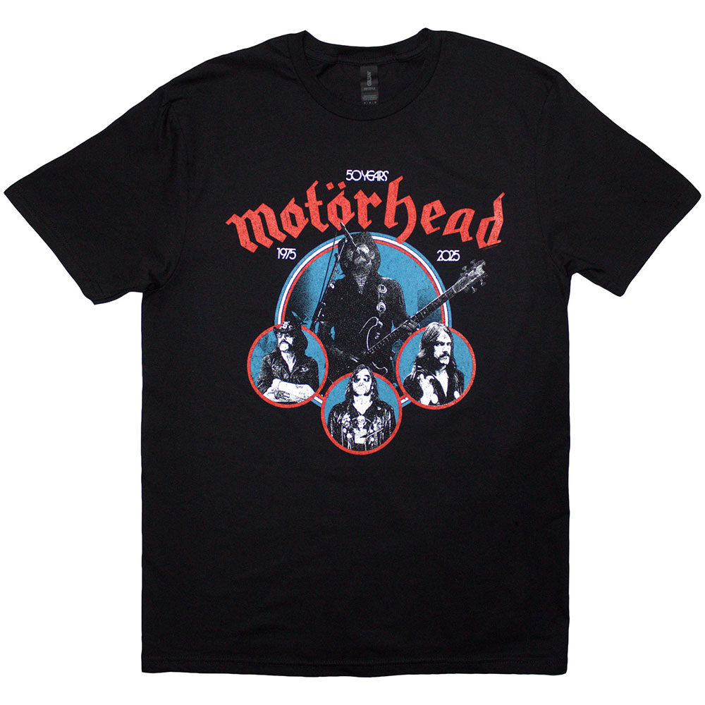 Black unisex T-shirt featuring a circular Motorhead 50th anniversary graphic with Lemmy Kilmister.