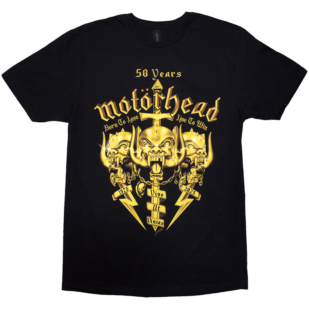 Black t-shirt with Motorhead’s 50 Years Swords & Warpig logo, size XX-Large.