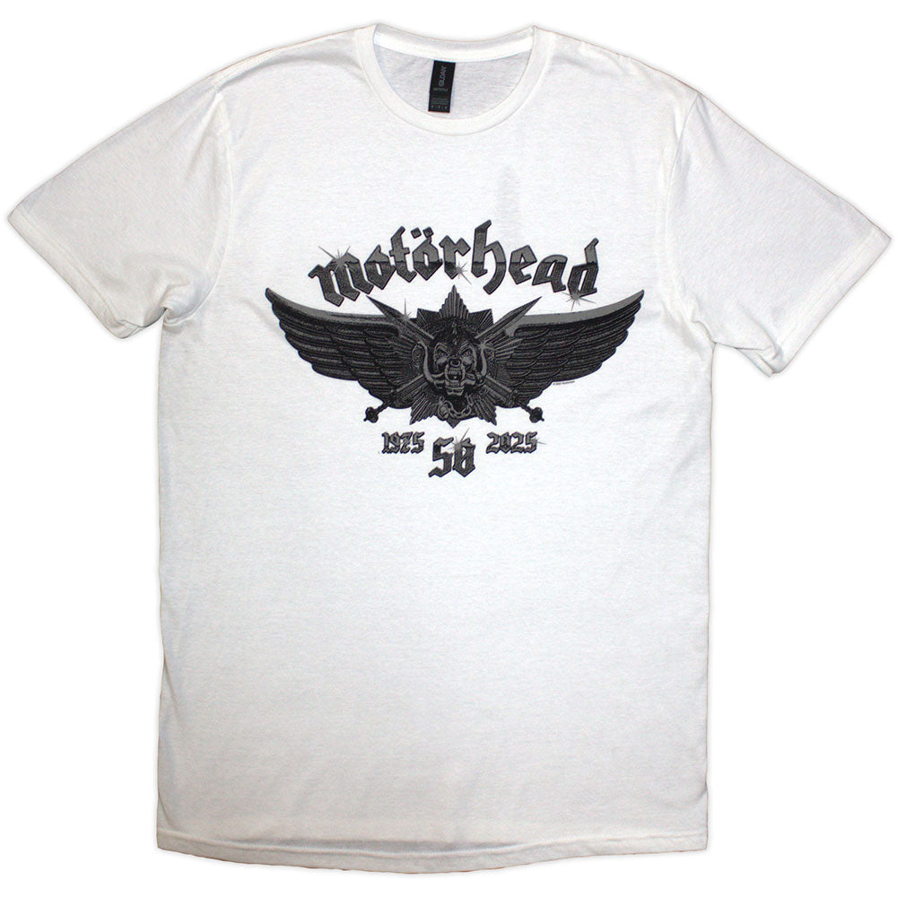 White t-shirt with Motorhead’s winged boar badge celebrating 50 years.