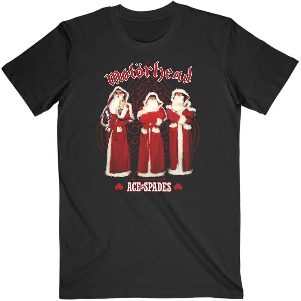 Black Motorhead t-shirt with Christmas-themed Ace of Spades logo design.