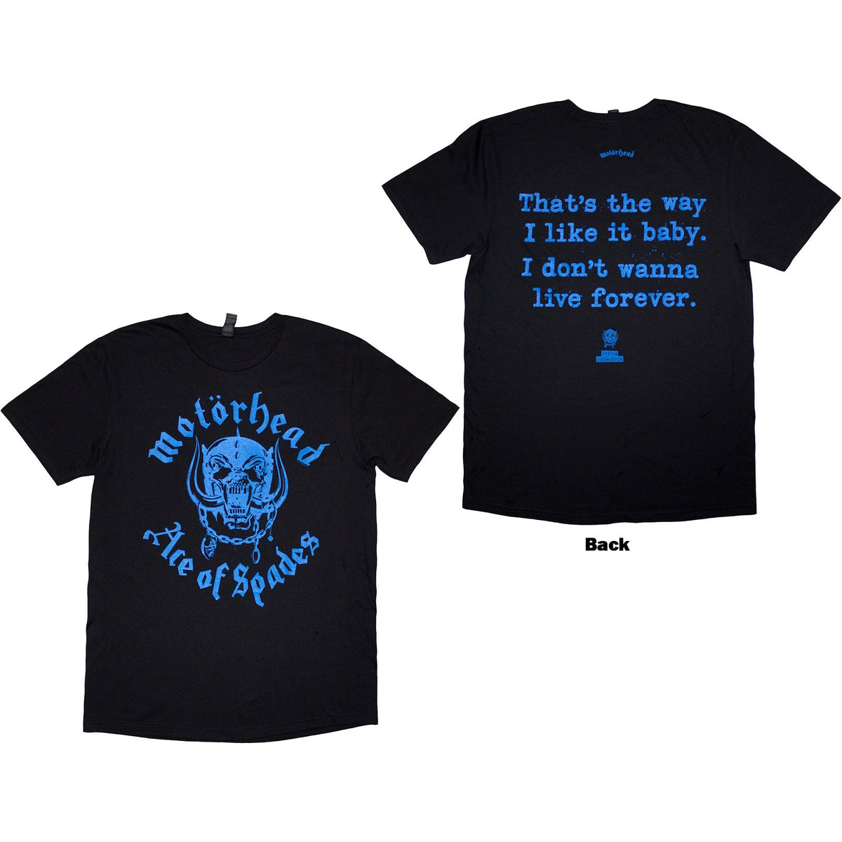 Black t-shirt with white "Ace of Spades" lyrics printed on the back.