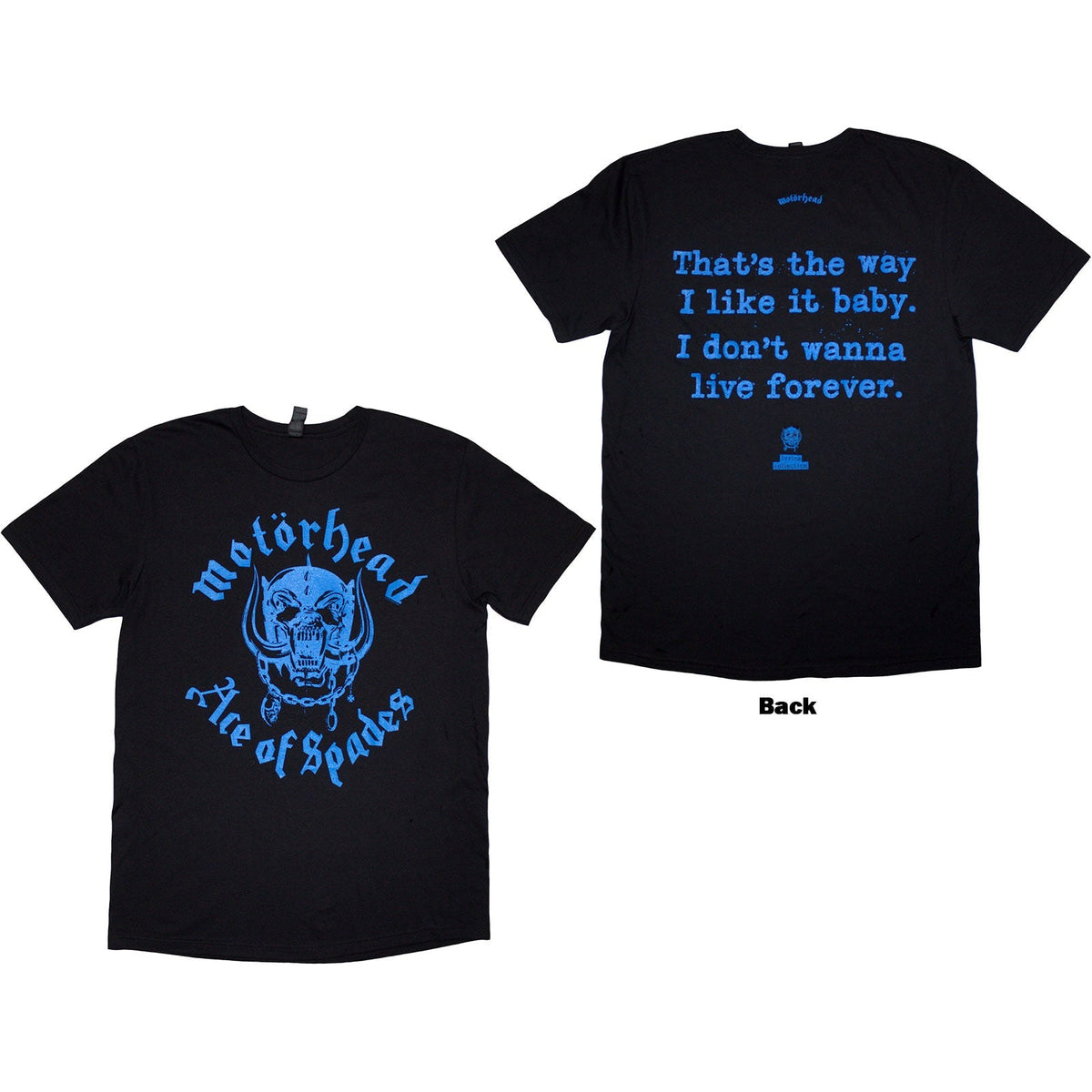 Black t-shirt with white "Ace of Spades" lyrics printed on the back.