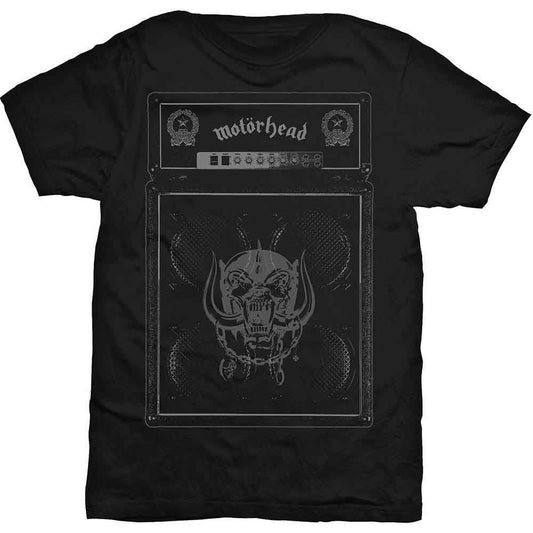 Black t-shirt with a grey graphic of stacked amplifier and skull.