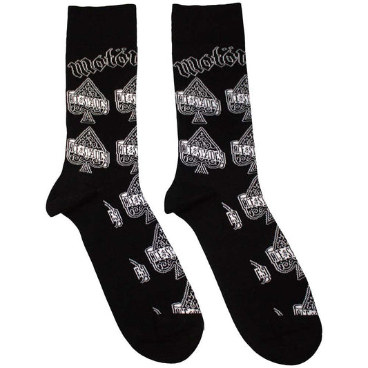 Black ankle socks with repeating white Ace of Spades and Motorhead logos.