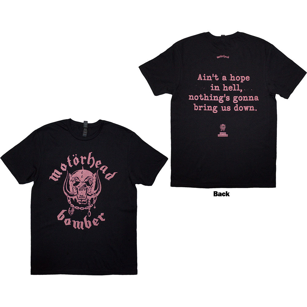Black unisex t-shirt with white “Bomber” lyrics printed on the back.