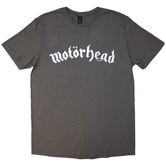 Dark grey t-shirt featuring the Motörhead logo in white distressed gothic lettering.